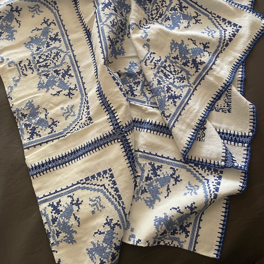 New Rectangular Large Ukrainian / Greek ? Cotton Cross Embroidered Tablecloth